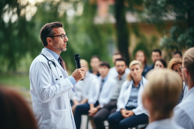 Männlicher Arzt hält einen Vortrag für Studenten im Freien
