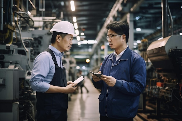 Foto männlicher asiatischer ingenieur, der neben der maschine in der fabrik eine diskussion führt