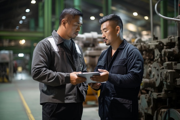 Männlicher asiatischer Ingenieur, der neben der Maschine in der Fabrik eine Diskussion führt