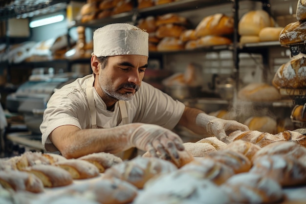 Foto männlicher bäcker, der in einer bäckerei arbeitet