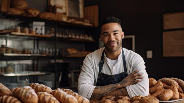 Männlicher Bäckereibesitzer, der Stolz und Selbstvertrauen in einem Schnappschuss mit seinen köstlichen Backwaren ausstrahlt und sein Unternehmertum in der lokalen Gemeinde Generative KI demonstriert