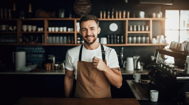 Männlicher Barista trägt eine Schürze im Café und hält eine Tasse in der Theke Generative AI AIG21