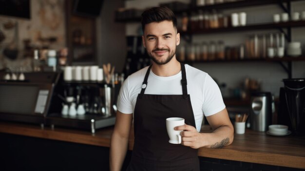 Männlicher Barista trägt eine Schürze im Café und hält eine Tasse in der Theke Generative AI AIG21