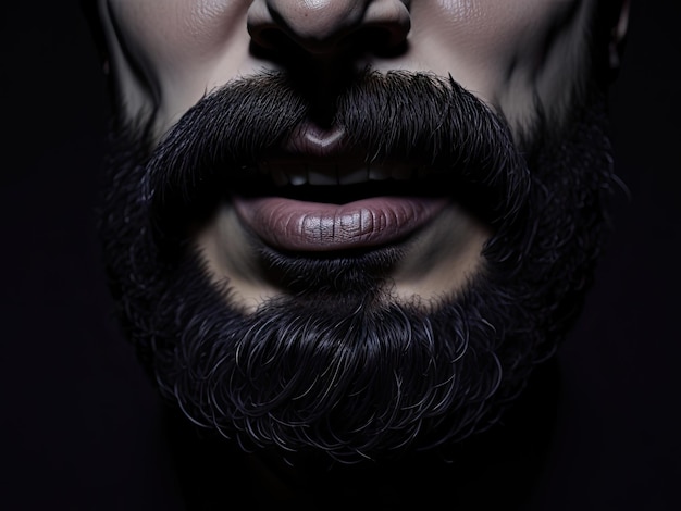 Männlicher Bart, Nahaufnahme auf schwarzem Hintergrund, ai generativ