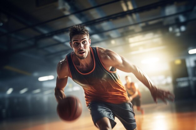 Männlicher Basketballspieler spielt Basketball in einem überfüllten Indoor-Basketballplatz vor einem Hintergrund im Bokeh-Stil