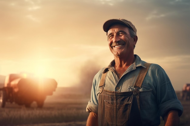 Männlicher Bauer auf dem Hintergrund des Bauernhofs in den Strahlen der Sonne, Anbau von Öko-Produkten, generative KI