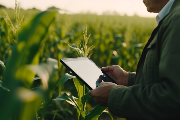 männlicher Bauer, der ein Computertablet benutzt, um das Wachstum von Mais im Freien auf einem grünen Feld bei Sonnenuntergang zu überwachen