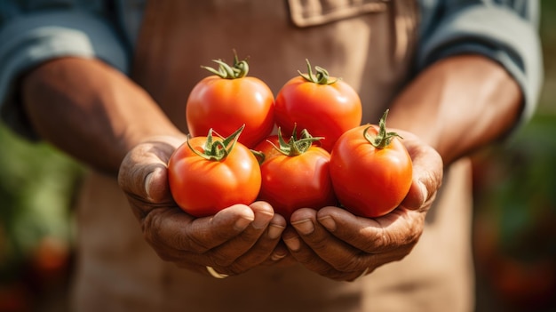 Männlicher Bauer hält eine Ernte frischer Tomaten