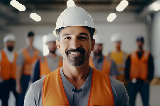 Männlicher Bauunternehmer, der einen Helm mit Sicherheitsausrüstung und Hintergrund auf der Baustelle trägt