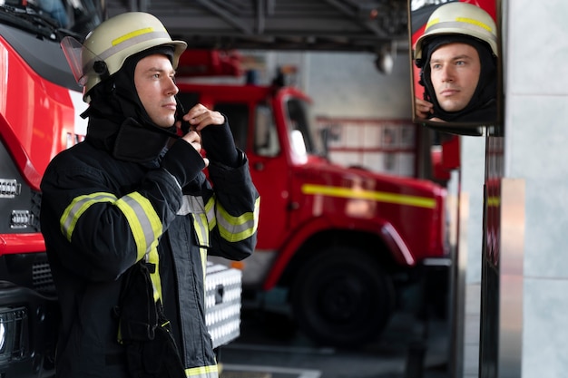 Foto männlicher feuerwehrmann setzt schutzhelm auf