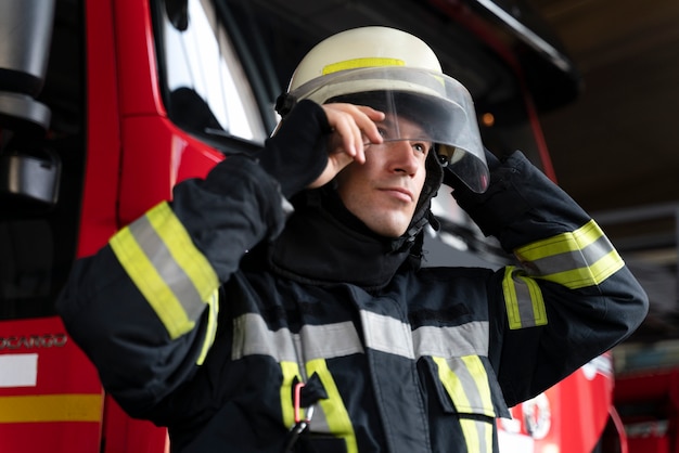 Foto männlicher feuerwehrmann setzt schutzhelm auf