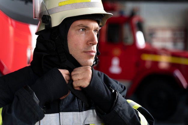 Foto männlicher feuerwehrmann setzt schutzhelm auf