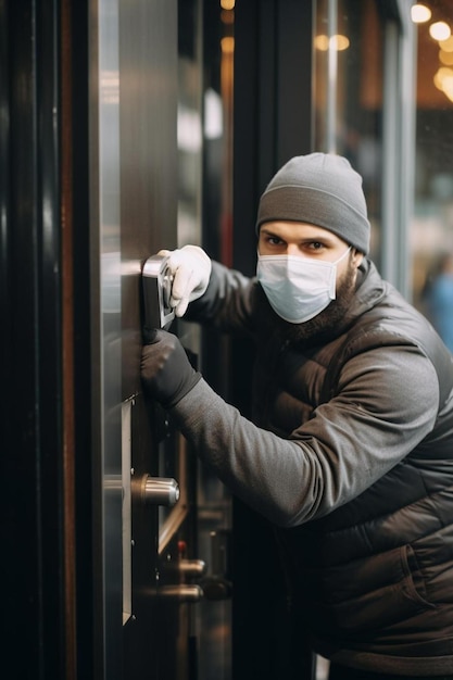 männlicher Geschäftsinhaber, der Speisen zum Mitnehmen im Caféfenster einpackt