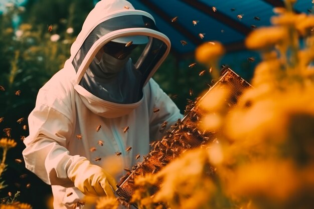 Männlicher Imker trägt Schutzanzug und kontrolliert den Bienenstock. Mann hält den Bienenstock in der Hand und kümmert sich um ihn