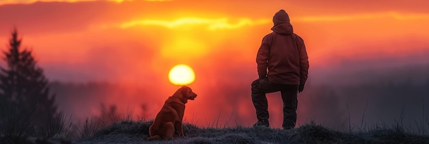 männlicher Jäger mit Hund auf dem Feld im Sommer bei Sonnenaufgang gegen den Hintergrund der Waldjagd in der Natur