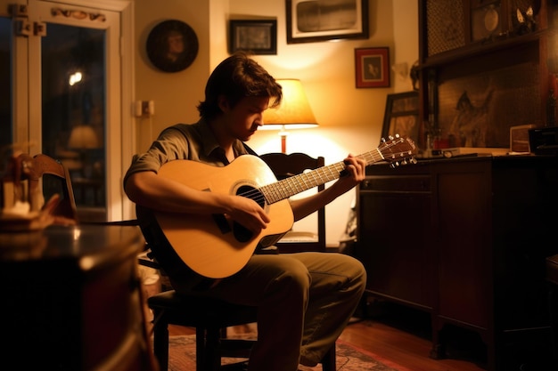 Männlicher kaukasischer Erwachsener spielt Gitarre im Musikzimmer, Aktivitätsmusik, generative KI AIG23