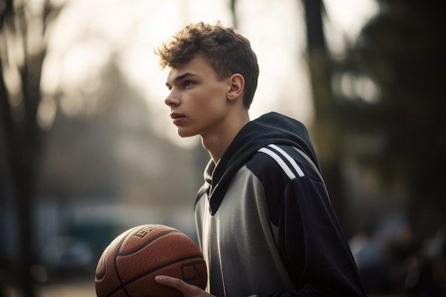 Männlicher kaukasischer Teenager, der Basketball auf der Auffahrt spielt. Generative KI AIG23