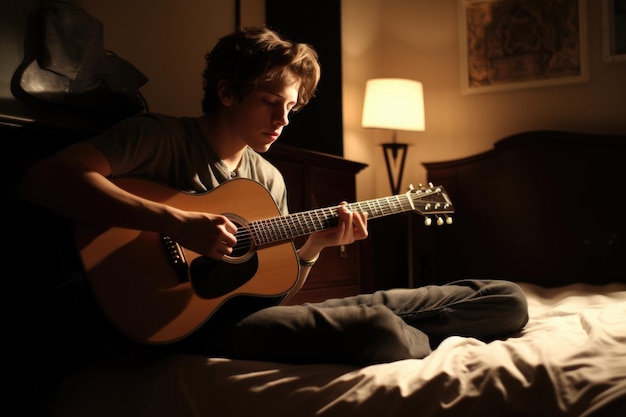 Männlicher kaukasischer Teenager, der im Schlafzimmer Gitarre spielt, Aktivitätsmusik Generative AI AIG23