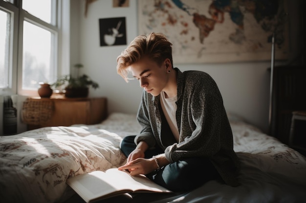 Männlicher kaukasischer Teenager liest Bücher im Schlafzimmer, lässig, entspannend, pastellfarben, generative KI AIG23