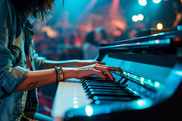 männlicher Keyboarder, der das Keyboard im Konzertstil im Bokeh-Stil spielt
