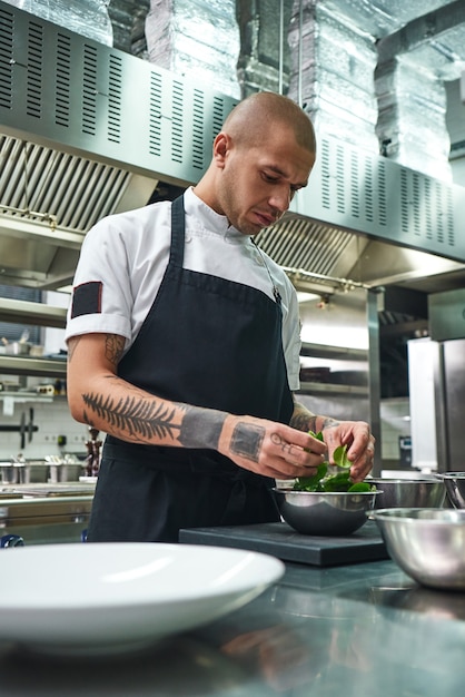 männlicher Koch in Schürze mit Tätowierungen auf den Armen, der Salat in der Restaurantküche zubereitet