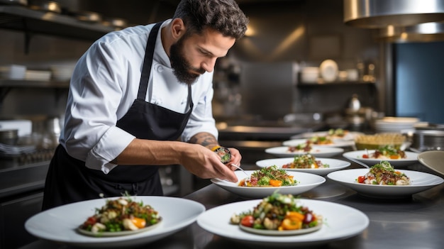 Männlicher Koch plattiert Speisen auf dem Teller oder bereitet in der Küche des Restaurants Speisen zu