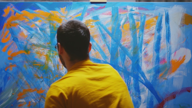 Männlicher Künstler malt im Studio mit den Händen auf Leinwand.