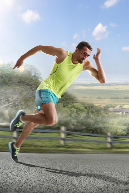 Männlicher Läufer sprintet während des Trainings im Freien für den Marathonlauf