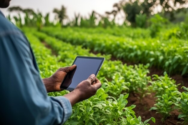 männlicher Landwirt, der ein Computertablet verwendet, um das Wachstum der Plantage im Freien auf einem grünen Feld bei Sonnenuntergang zu überwachen