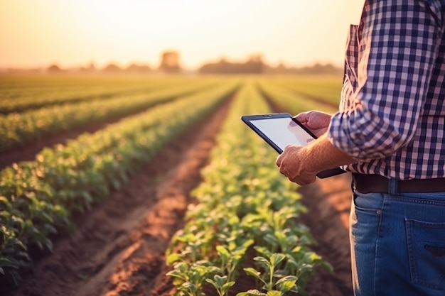 männlicher Landwirt, der ein Computertablet verwendet, um das Wachstum von Kartoffeln im Freien auf einem grünen Feld bei Sonnenuntergang zu überwachen