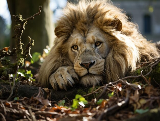 Männlicher Löwe liegt im Zoo in Nahaufnahme auf dem Boden