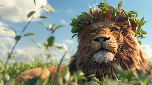 Männlicher Löwe mit einer Krone aus grünen Blättern, der auf einem grünen Grasfeld liegt und mit verschwommenem Hintergrund von der Kamera wegblickt
