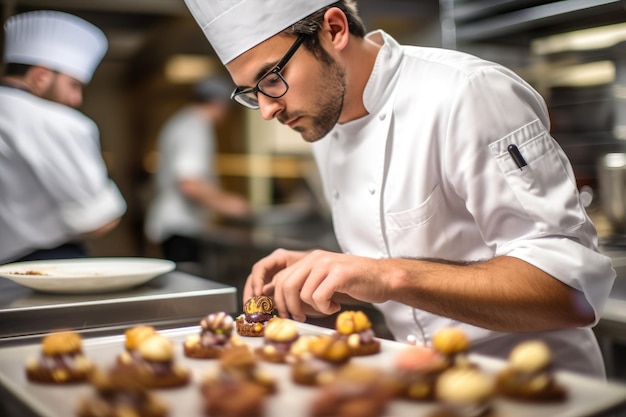 Männlicher Meisterkoch-Chocolatier, der im handwerklichen professionellen Schokoladenlabor AI Generative arbeitet