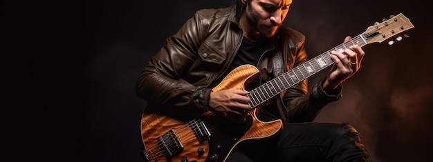 Männlicher Musiker spielt Gitarre auf dunklem Hintergrund
