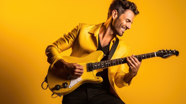 Männlicher Musiker spielt Gitarre auf gelbem Hintergrund