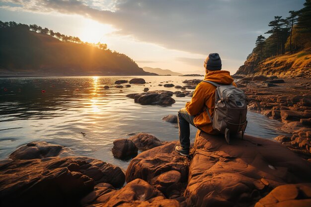 Männlicher Reisender mit Rucksack sitzt am Ufer eines Bergsees und genießt den Sonnenuntergang