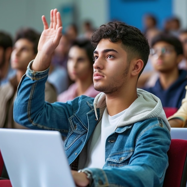 Männlicher Student hebt die Hand und stellt dem Dozenten im Unterricht Wissen und Bildung der Universität eine Frage