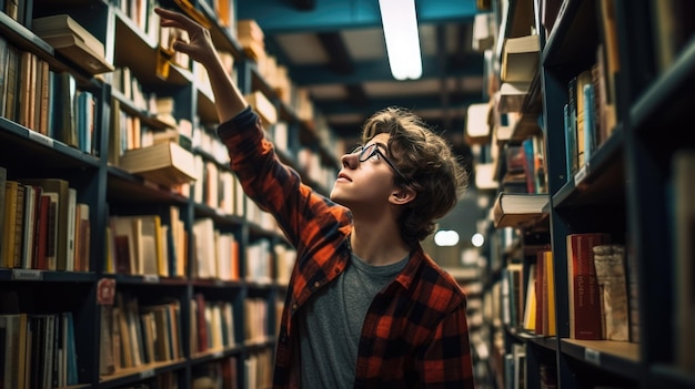 Männlicher Student wählt Buch aus Regalen in der Bibliothek aus