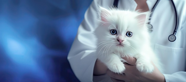Männlicher Tierarzt mit weißer Katze auf weißem Hintergrund
