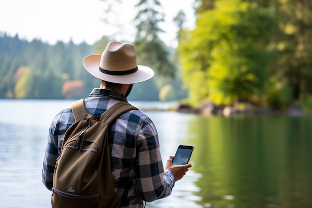 Männlicher Tourist blickt tagsüber auf die Karte auf dem Smartphone am Seeufer