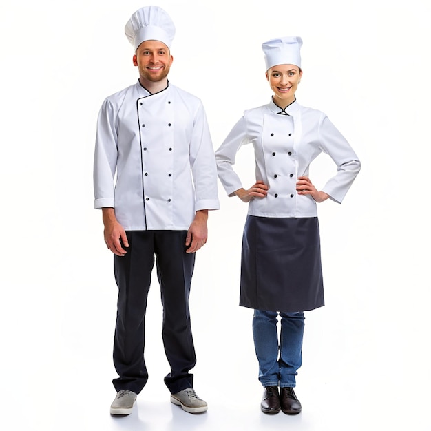 männlicher und weiblicher Koch voller Körper Frontansicht isoliert auf weißem Hintergrund
