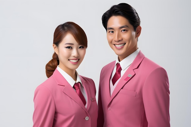 männlicher und weiblicher Rezeptionist in rosa Kleidung und Lächeln