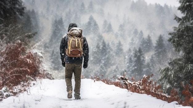 Männlicher Wanderer mit Ganzkörperansicht von hinten, der durch einen Schneesturm geht