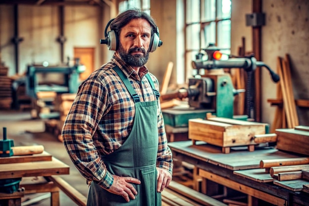 männlicher Zimmermann arbeitet in einer Holzmaschinenwerkstatt