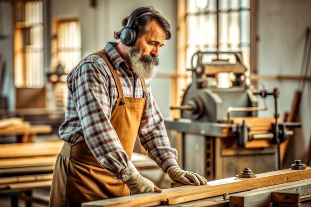 männlicher Zimmermann arbeitet in einer Holzmaschinenwerkstatt