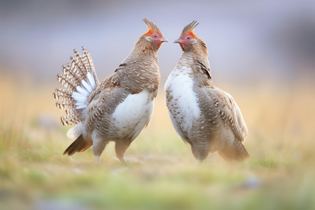 Foto männliches auerhuhn zeigt weibchen im grasland