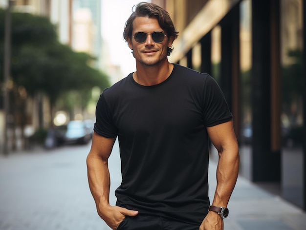 Männliches Model in einem klassischen schwarzen Baumwoll-T-Shirt und Sonnenbrille auf einer Stadtstraße. Generative KI
