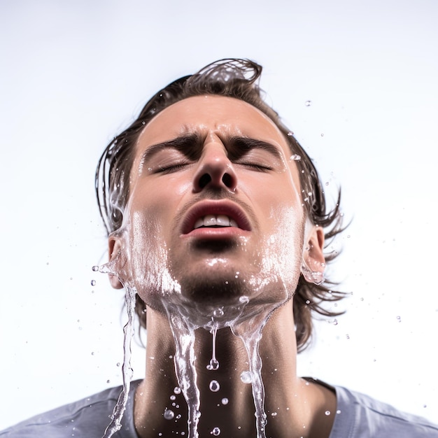 Foto männliches model wäscht sich mit einem spritzer wasser