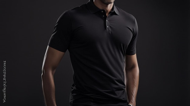 männliches Modell in einem schwarzen Polo-Shirt, das sich auf die Textur des Stoffes und die realistische Beleuchtung konzentriert.
