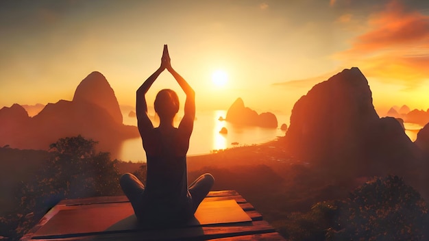 Foto männliches modell sitzt und übt yoga mit dem gesicht zur sonne im abendsonnenuntergang